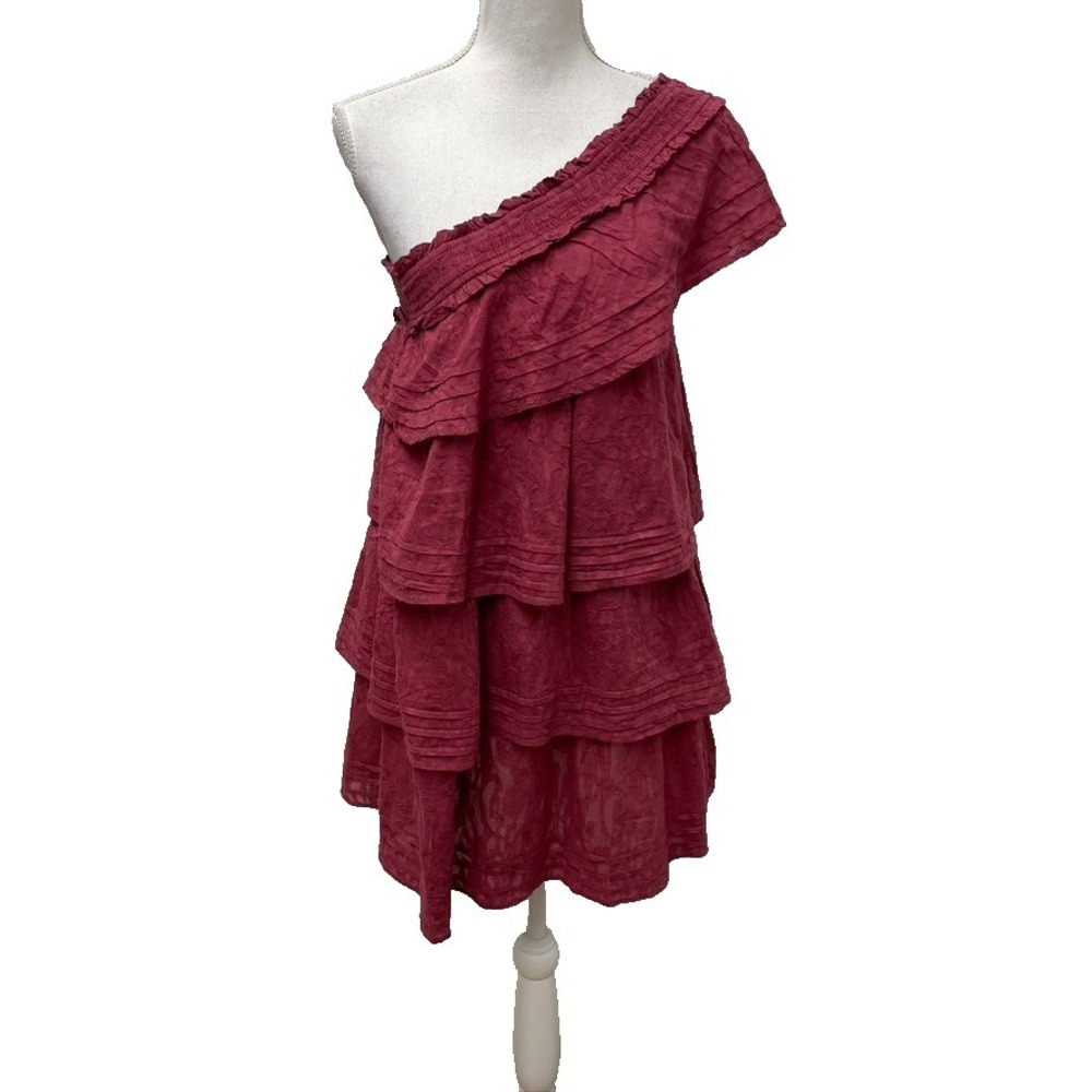 Cleobella Mini Dress One Shoulder Berry Red Organic Cotton Womens Small Boho